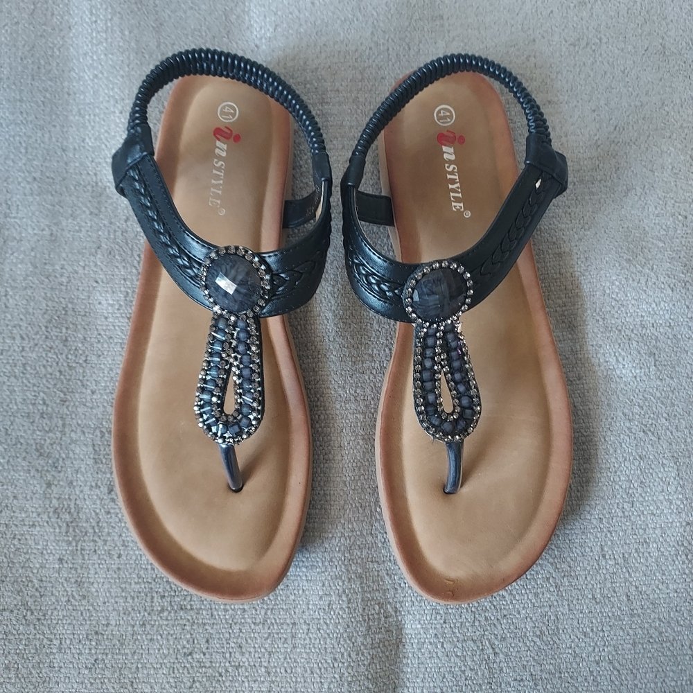 Black Beaded Jewel Women's Sandals Sz-41